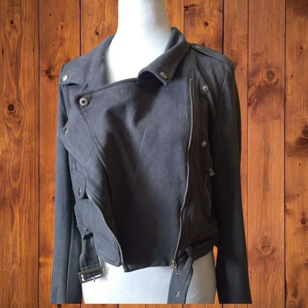 Signature 8 Women's Medium Gray Faux Suede Moto Biker Jacket READ - Picture 4 of 9